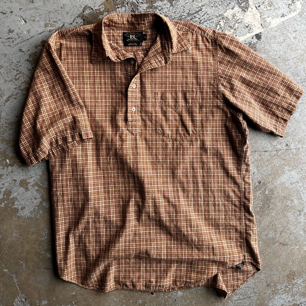 RRL Ralph Lauren Men’s Micro Plaid SS 1/4 button down